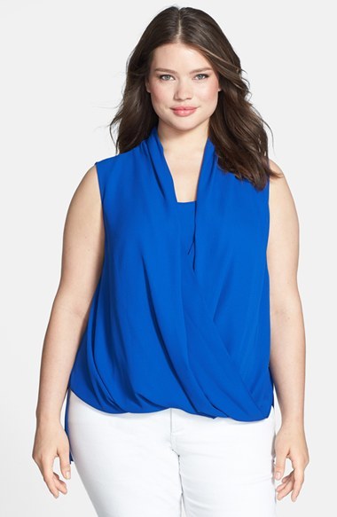 Sleeveless Wrap Front Shirttail Blouse (Plus Size) - neckline: v-neck; pattern: plain; sleeve style: sleeveless; style: blouson; hip detail: draws attention to hips; predominant colour: royal blue; occasions: casual, creative work; length: standard; fibres: polyester/polyamide - 100%; fit: straight cut; back detail: longer hem at back than at front; sleeve length: sleeveless; texture group: crepes; pattern type: fabric; trends: hot brights; season: s/s 2014