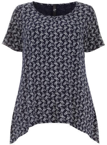Navy Shoe Motif Print Hanky Hem Top - neckline: round neck; length: below the bottom; secondary colour: white; predominant colour: navy; occasions: casual; style: top; fibres: viscose/rayon - stretch; fit: loose; sleeve length: short sleeve; sleeve style: standard; pattern type: fabric; pattern size: standard; pattern: patterned/print; texture group: jersey - stretchy/drapey; season: s/s 2014