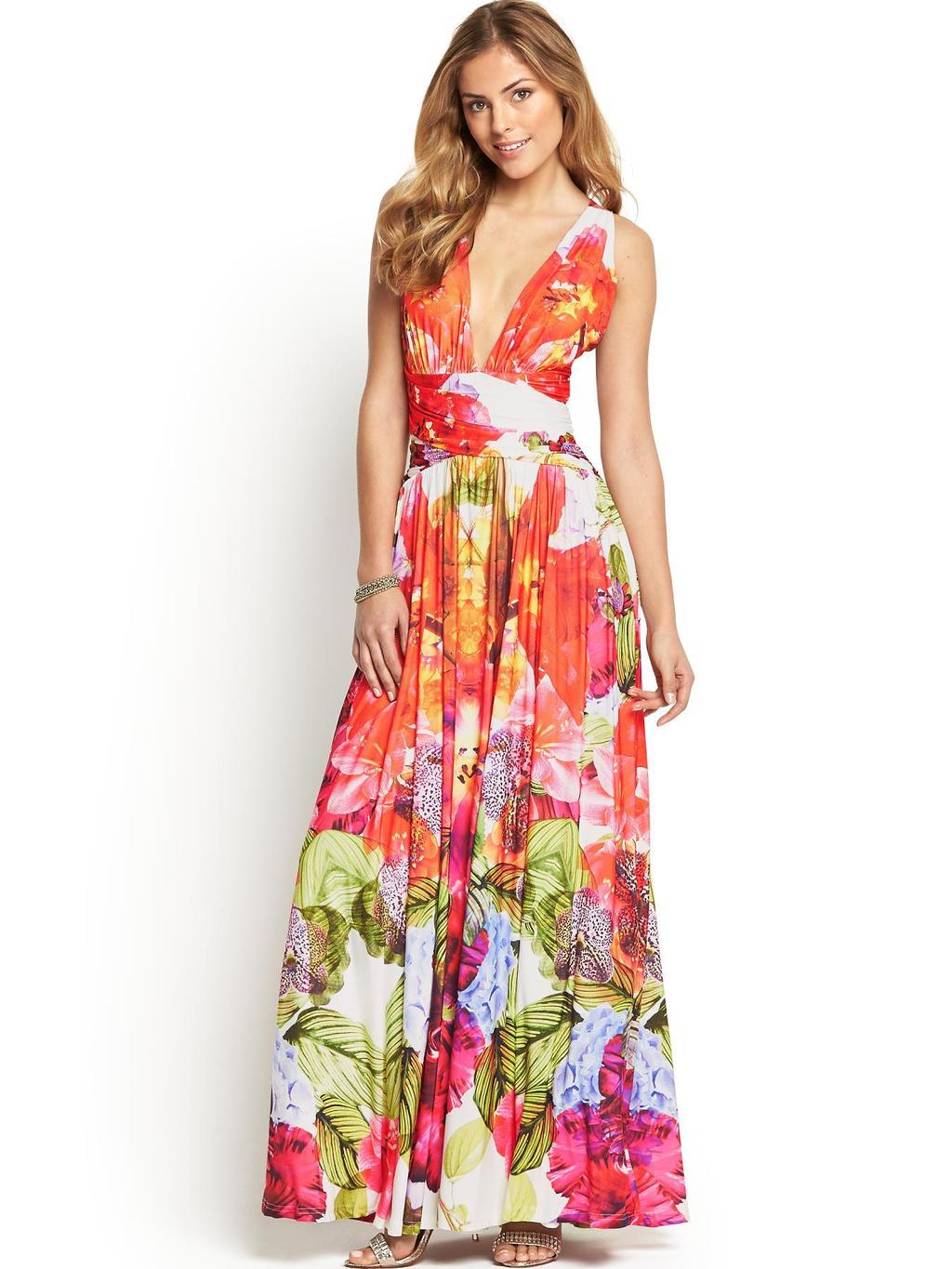 Kayla Print Maxi Dress - neckline: plunge; sleeve style: sleeveless; style: maxi dress; occasions: casual, evening; length: floor length; fit: fitted at waist & bust; fibres: polyester/polyamide - stretch; predominant colour: multicoloured; sleeve length: sleeveless; pattern type: fabric; pattern size: big & busy; pattern: florals; texture group: jersey - stretchy/drapey; trends: furious florals; season: s/s 2014; multicoloured: multicoloured