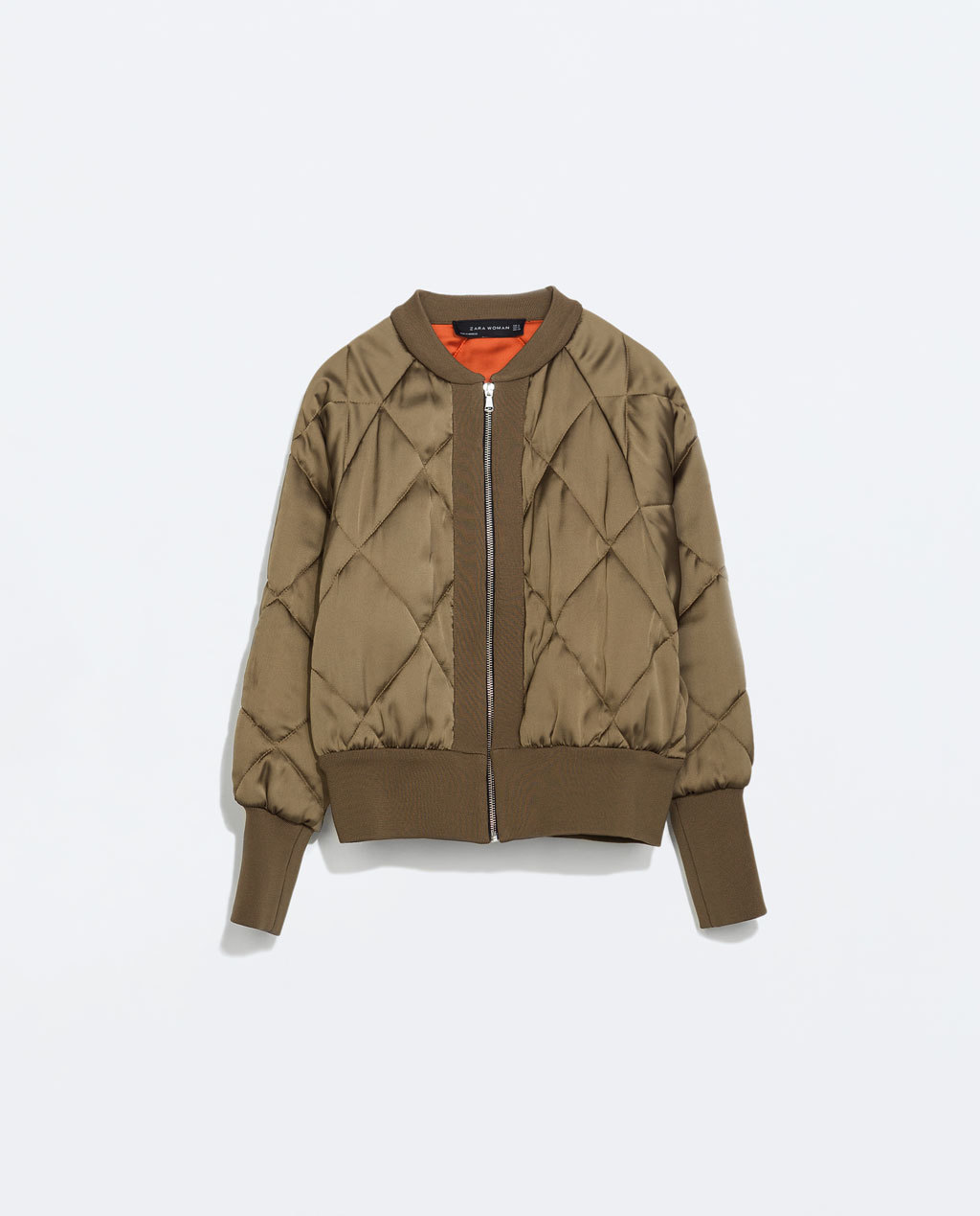 Short Padded Bomber Jacket - pattern: plain; collar: round collar/collarless; style: bomber; predominant colour: khaki; occasions: casual, creative work; length: standard; fit: straight cut (boxy); fibres: polyester/polyamide - 100%; sleeve length: long sleeve; sleeve style: standard; collar break: high; pattern type: fabric; texture group: other - bulky/heavy; embellishment: quilted; season: s/s 2014; trends: outerwear chic