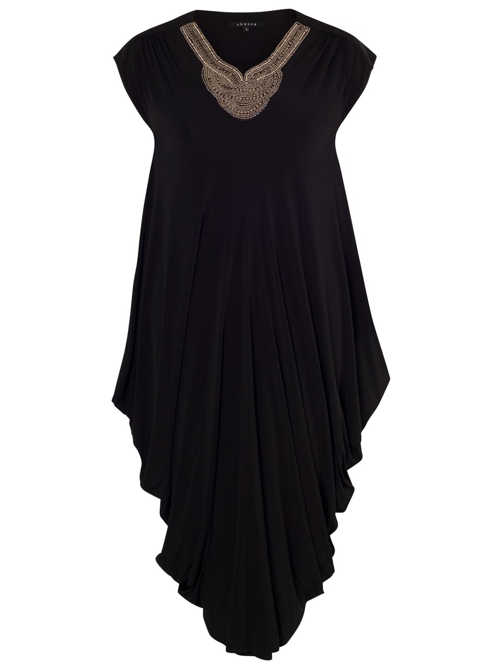 Stud Neckline Draped Dress, Black - length: calf length; neckline: v-neck; sleeve style: capped; fit: loose; pattern: plain; bust detail: added detail/embellishment at bust; predominant colour: black; occasions: casual, evening; style: asymmetric (hem); fibres: viscose/rayon - stretch; sleeve length: short sleeve; pattern type: fabric; texture group: jersey - stretchy/drapey; embellishment: studs; season: s/s 2014