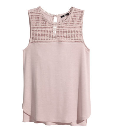 Lace Top - pattern: plain; sleeve style: sleeveless; predominant colour: blush; occasions: casual, creative work; length: standard; style: top; fibres: viscose/rayon - 100%; fit: body skimming; neckline: crew; back detail: longer hem at back than at front; sleeve length: sleeveless; texture group: jersey - clingy; pattern type: fabric; season: s/s 2014; embellishment: contrast fabric; embellishment location: bust, shoulder
