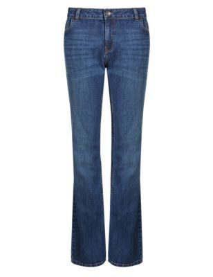 Boot Cut Jeans - style: bootcut; length: standard; pattern: plain; pocket detail: traditional 5 pocket; waist: mid/regular rise; predominant colour: denim; occasions: casual, creative work; fibres: cotton - stretch; jeans detail: whiskering, shading down centre of thigh, dark wash; texture group: denim; pattern type: fabric; season: s/s 2014; trends: 70's summer of love