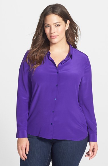 Classic Collar Silk Crepe Shirt (Plus Size) - neckline: shirt collar/peter pan/zip with opening; pattern: plain; style: shirt; predominant colour: diva blue; occasions: casual, evening, work, creative work; length: standard; fibres: silk - 100%; fit: body skimming; sleeve length: long sleeve; sleeve style: standard; texture group: crepes; pattern type: fabric; trends: zesty shades; season: a/w 2014
