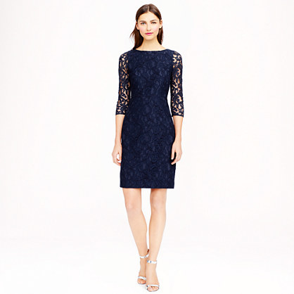 Natalia Dress In Leavers Lace - style: shift; neckline: slash/boat neckline; fit: tailored/fitted; predominant colour: navy; occasions: evening, occasion; length: just above the knee; fibres: nylon - mix; sleeve length: 3/4 length; sleeve style: standard; texture group: lace; pattern type: fabric; pattern: patterned/print; embellishment: lace; season: a/w 2014