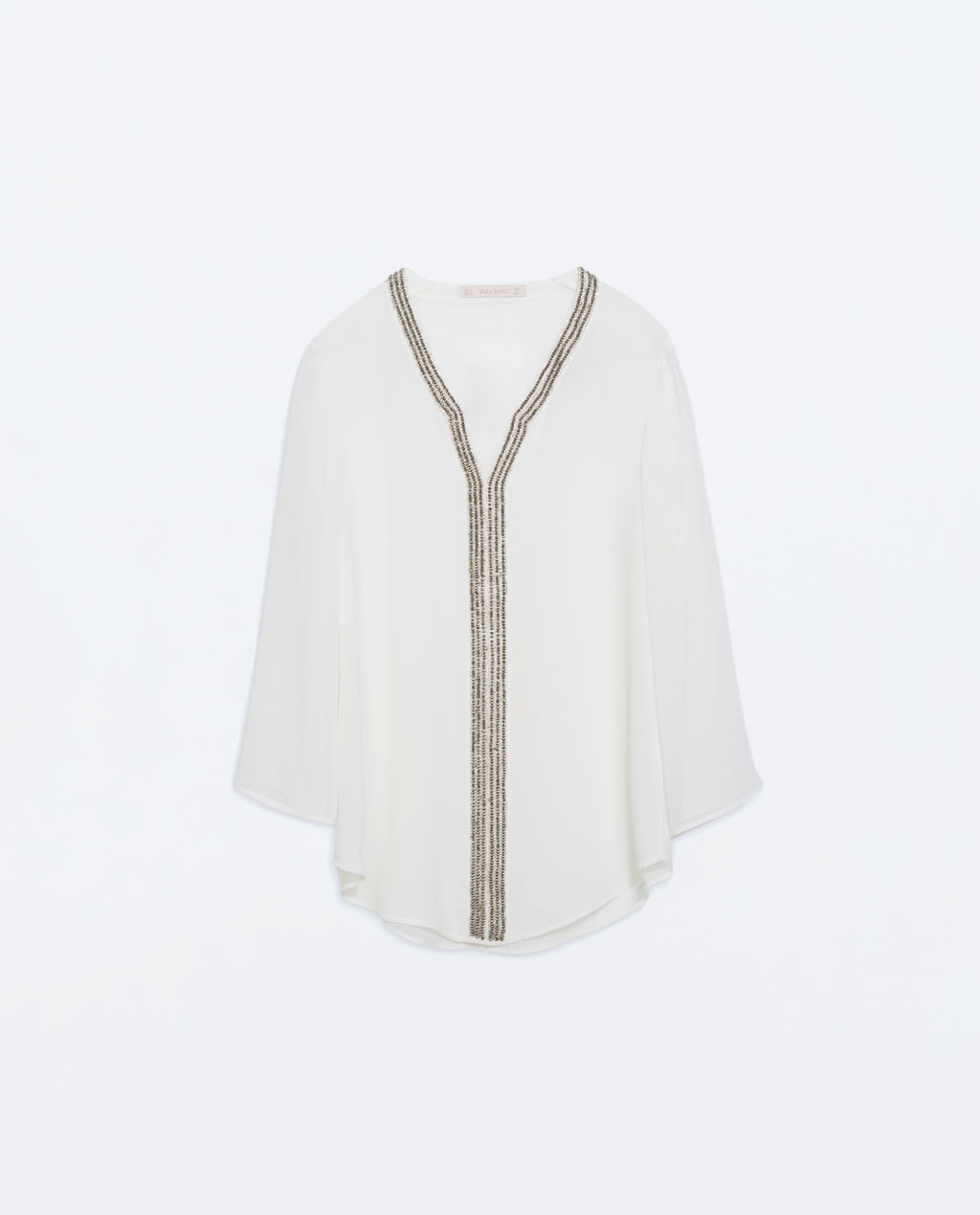 Blouse With AppliquÉ On Collar And Neckline - neckline: v-neck; pattern: plain; length: below the bottom; style: blouse; predominant colour: ivory/cream; secondary colour: silver; occasions: evening, creative work; fibres: polyester/polyamide - 100%; fit: straight cut; sleeve length: 3/4 length; sleeve style: standard; texture group: sheer fabrics/chiffon/organza etc.; pattern type: fabric; embellishment: beading; season: a/w 2014; embellishment location: bust