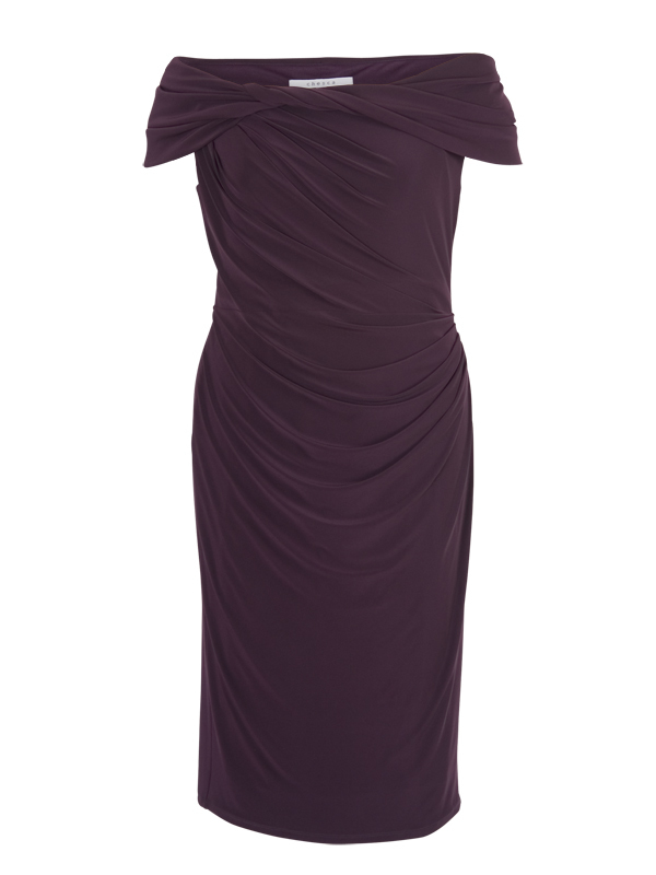 Aubergine Twist Knot Jersey Dress - style: shift; neckline: off the shoulder; sleeve style: capped; pattern: plain; bust detail: ruching/gathering/draping/layers/pintuck pleats at bust; predominant colour: aubergine; occasions: evening, occasion; length: on the knee; fit: body skimming; hip detail: ruching/gathering at hip; sleeve length: short sleeve; pattern type: fabric; texture group: jersey - stretchy/drapey; season: a/w 2014