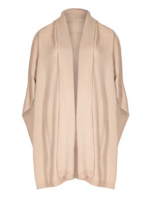 Pure Cashmere Shawl Collar Wrap - pattern: plain; neckline: shawl; length: below the bottom; style: open front; predominant colour: stone; occasions: casual, creative work; fit: loose; back detail: shorter hem at back than at front; fibres: cashmere - 100%; sleeve length: 3/4 length; texture group: knits/crochet; pattern type: knitted - fine stitch; sleeve style: cape/poncho sleeve; trends: minimal sleek, simple lux; season: a/w 2014