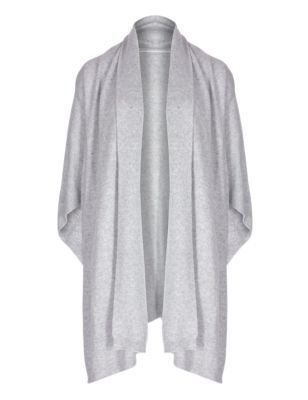 Pure Cashmere Shawl Collar Wrap - pattern: plain; neckline: shawl; length: below the bottom; style: open front; predominant colour: light grey; occasions: casual, creative work; fit: loose; back detail: shorter hem at back than at front; fibres: cashmere - 100%; sleeve length: 3/4 length; texture group: knits/crochet; pattern type: knitted - fine stitch; sleeve style: cape/poncho sleeve; season: a/w 2014