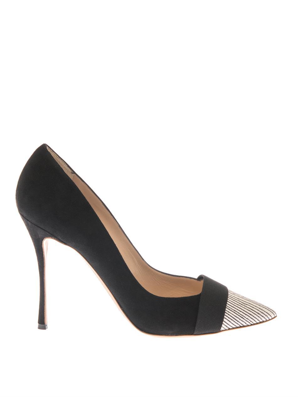 Suede And Snakeskin Point Toe Pumps - secondary colour: light grey; predominant colour: black; occasions: evening, work, creative work; material: suede; heel: stiletto; toe: pointed toe; style: courts; finish: plain; pattern: colourblock; embellishment: toe cap; heel height: very high; season: a/w 2014