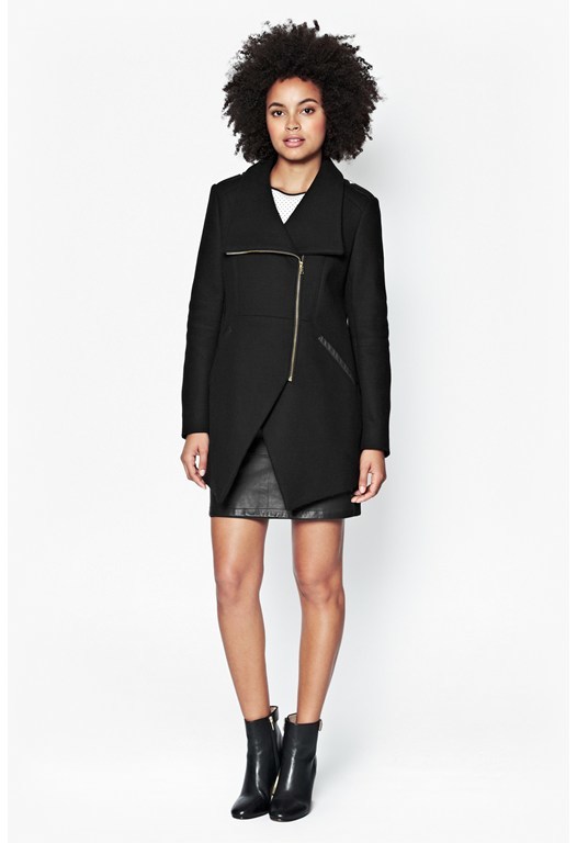 Cut Away Wool Coat Royal Scarlett - pattern: plain; length: below the bottom; collar: shawl/waterfall; style: wrap around; predominant colour: black; occasions: casual, creative work; fit: tailored/fitted; fibres: wool - mix; sleeve length: long sleeve; sleeve style: standard; collar break: medium; pattern type: fabric; texture group: woven bulky/heavy; trends: outerwear chic; season: a/w 2014