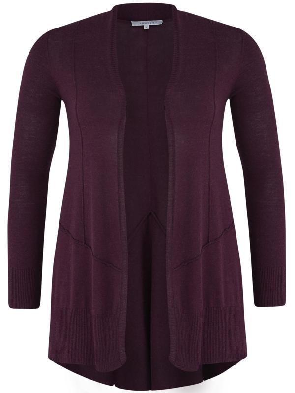 Plum Seamed Detail Cardigan - pattern: plain; length: below the bottom; neckline: collarless open; style: open front; predominant colour: aubergine; occasions: casual, creative work; fit: standard fit; sleeve length: long sleeve; sleeve style: standard; texture group: knits/crochet; pattern type: knitted - fine stitch; fibres: viscose/rayon - mix; season: a/w 2014