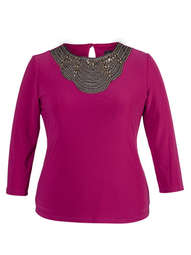 Fuchsia Embellished Top With Sleeve - pattern: plain; bust detail: added detail/embellishment at bust; predominant colour: hot pink; secondary colour: bronze; occasions: casual, evening, creative work; length: standard; style: top; fibres: polyester/polyamide - stretch; fit: body skimming; neckline: crew; back detail: keyhole/peephole detail at back; sleeve length: 3/4 length; sleeve style: standard; pattern type: fabric; texture group: jersey - stretchy/drapey; embellishment: beading; season: a/w 2014
