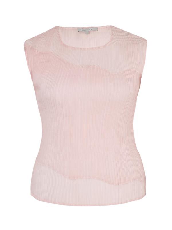 Powder Pink Chiffon Trim Crush Pleat Top - pattern: plain; sleeve style: sleeveless; predominant colour: ivory/cream; occasions: casual, evening; length: standard; style: top; fibres: polyester/polyamide - 100%; fit: body skimming; neckline: crew; sleeve length: sleeveless; texture group: sheer fabrics/chiffon/organza etc.; pattern type: fabric; season: a/w 2014