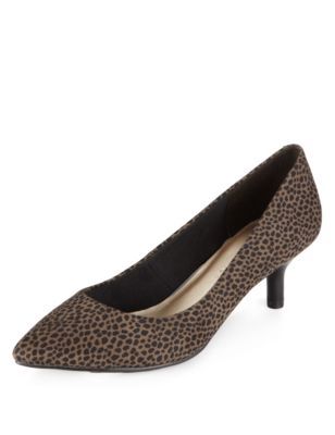 Pointed Toe Mid Heel Animal Print Court Shoes With Insolia - predominant colour: chocolate brown; secondary colour: camel; material: fabric; heel height: mid; heel: kitten; toe: pointed toe; style: courts; finish: plain; pattern: animal print; occasions: creative work; season: a/w 2014