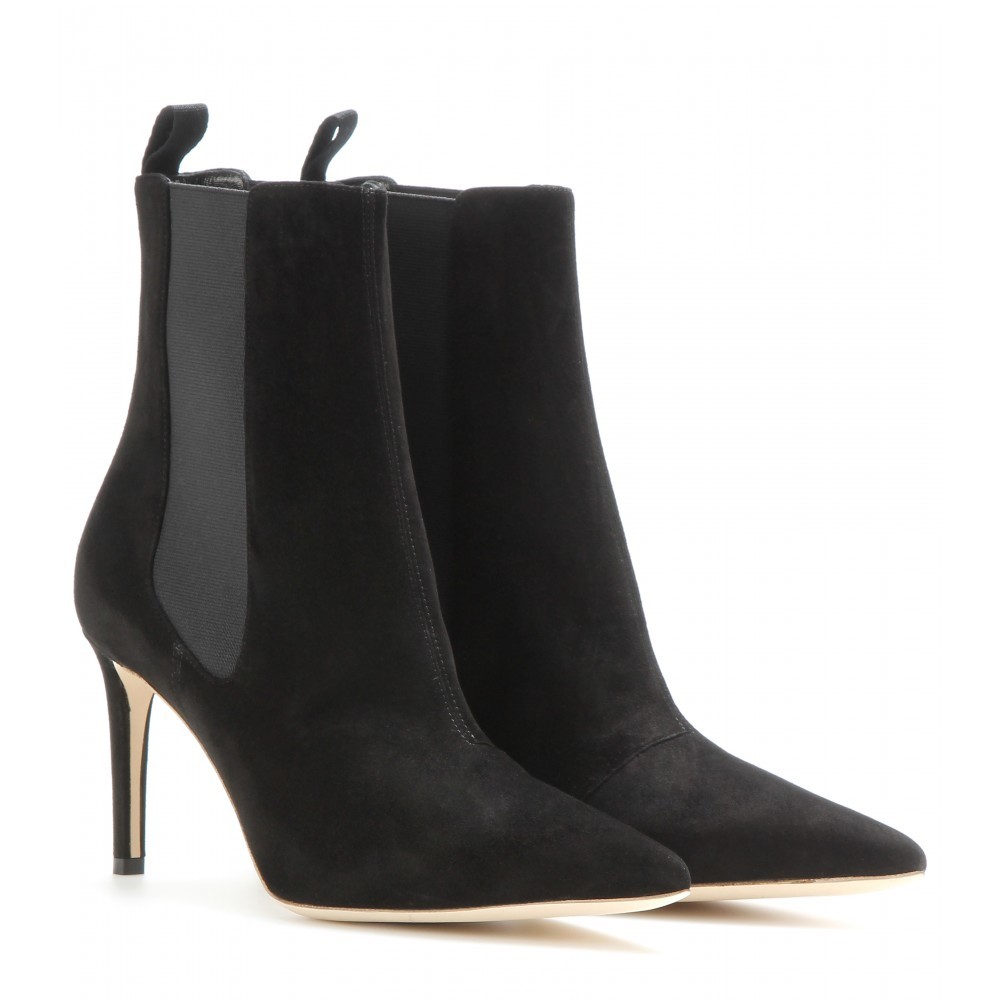 Suede Ankle Boots - predominant colour: black; occasions: casual, creative work; material: suede; heel height: high; embellishment: elasticated; heel: stiletto; toe: pointed toe; boot length: ankle boot; style: standard; finish: plain; pattern: plain; season: a/w 2014