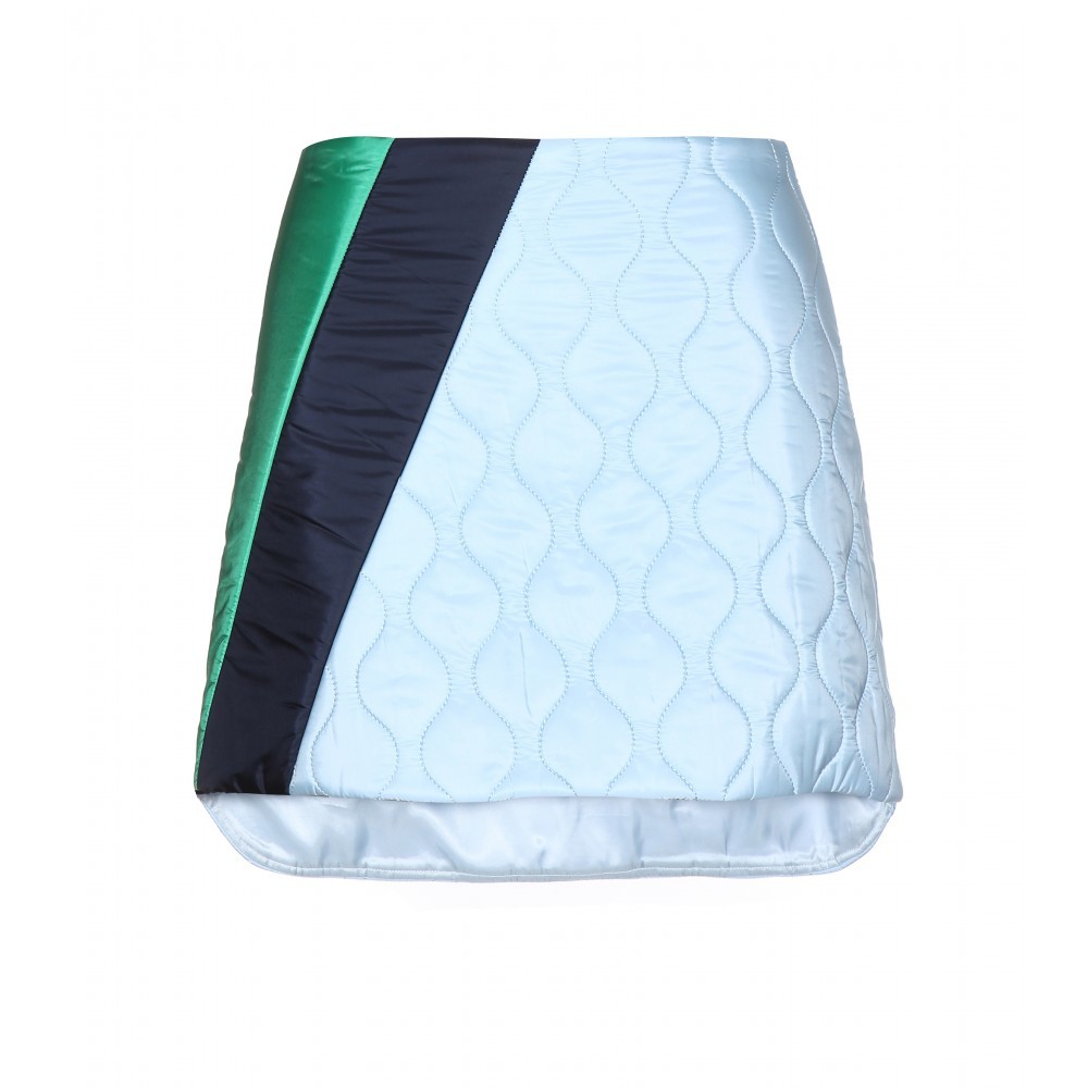 Quilted Mini Skirt - length: mini; fit: tailored/fitted; waist: high rise; predominant colour: pale blue; secondary colour: mint green; occasions: casual, evening, creative work; style: a-line; fibres: polyester/polyamide - 100%; pattern type: fabric; pattern: colourblock; texture group: other - light to midweight; embellishment: quilted; season: a/w 2014; pattern size: standard (bottom)