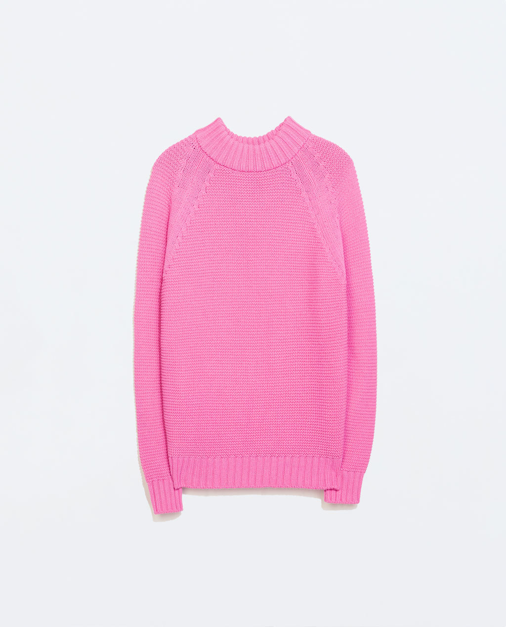 Knit Sweater - pattern: plain; neckline: high neck; length: below the bottom; style: standard; predominant colour: pink; occasions: casual, creative work; fibres: cotton - mix; fit: standard fit; sleeve length: long sleeve; sleeve style: standard; texture group: knits/crochet; pattern type: fabric; trends: statement knits; season: a/w 2014