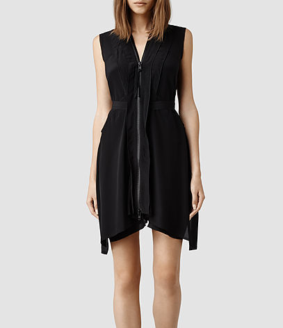 Lewis Lew Dress - style: shift; length: mid thigh; neckline: low v-neck; fit: fitted at waist; pattern: plain; sleeve style: sleeveless; predominant colour: black; occasions: casual, evening, creative work; fibres: silk - 100%; sleeve length: sleeveless; texture group: silky - light; pattern type: fabric; embellishment: zips; season: a/w 2014