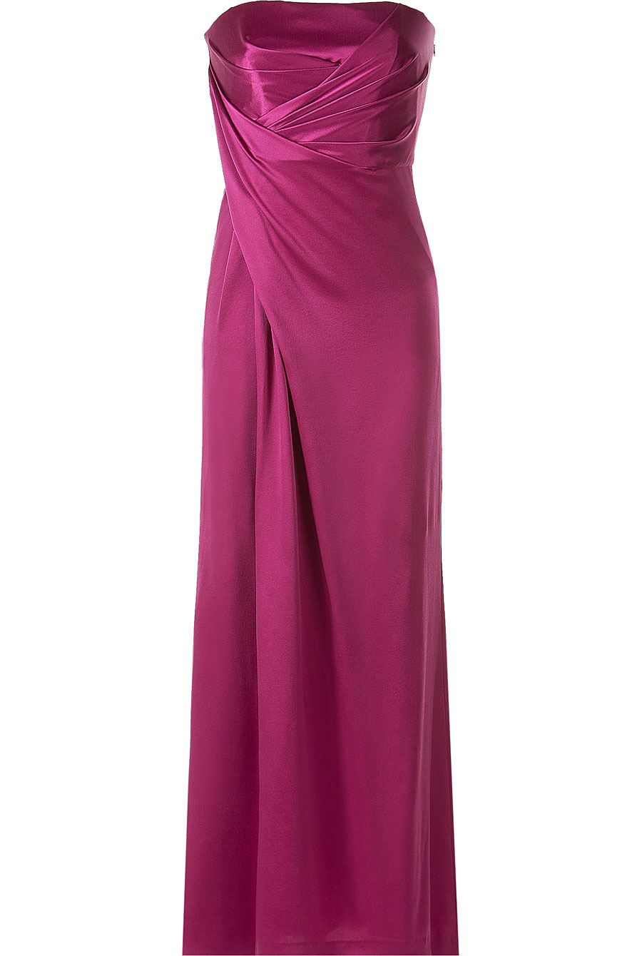 Pink Strapless Gown - neckline: strapless (straight/sweetheart); pattern: plain; style: maxi dress; sleeve style: strapless; waist detail: fitted waist; hip detail: fitted at hip; bust detail: ruching/gathering/draping/layers/pintuck pleats at bust; predominant colour: hot pink; occasions: evening, occasion; length: floor length; fit: body skimming; fibres: silk - 100%; material texture: satin; sleeve length: sleeveless; texture group: structured shiny - satin/tafetta/silk etc.; pattern type: fabric; pattern size: standard