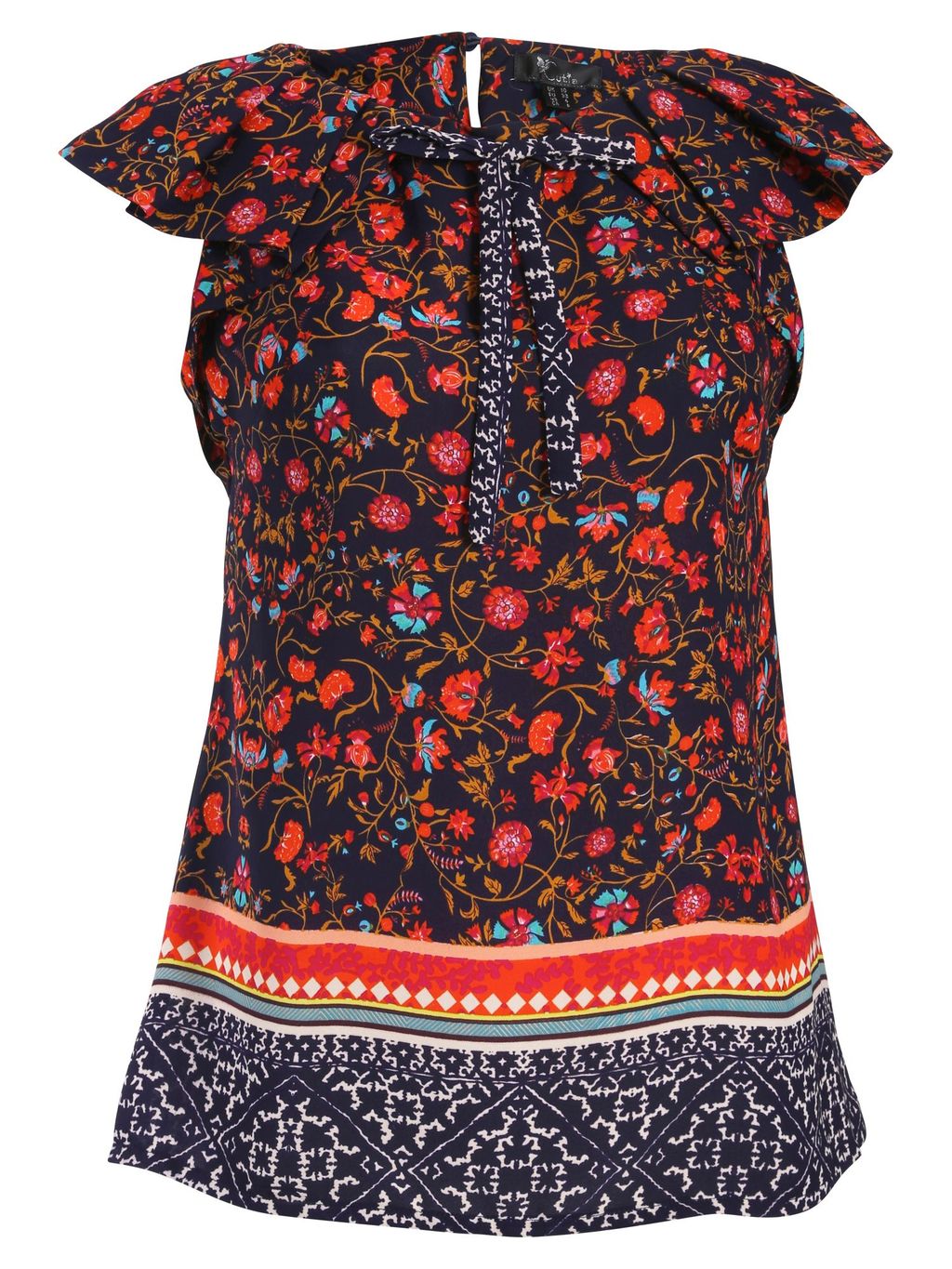 Sleeveless Floral Top, Navy - neckline: round neck; sleeve style: capped; bust detail: added detail/embellishment at bust; secondary colour: true red; predominant colour: navy; occasions: casual; length: standard; style: top; fibres: polyester/polyamide - 100%; fit: straight cut; sleeve length: short sleeve; pattern type: fabric; pattern: patterned/print; texture group: other - light to midweight; trends: artesanal details; season: a/w 2014; pattern size: big & busy (top)