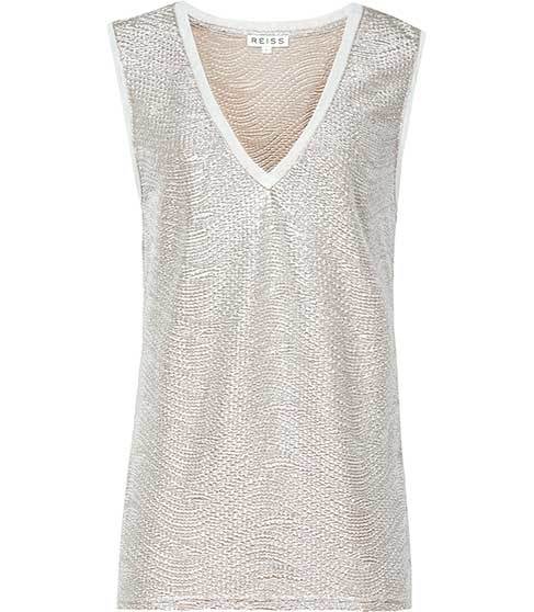 Ona Metallic Fluid Metallic Vest - neckline: v-neck; pattern: plain; sleeve style: sleeveless; style: vest top; predominant colour: silver; occasions: evening; length: standard; fibres: polyester/polyamide - 100%; fit: body skimming; sleeve length: sleeveless; pattern type: fabric; texture group: other - light to midweight; season: a/w 2014