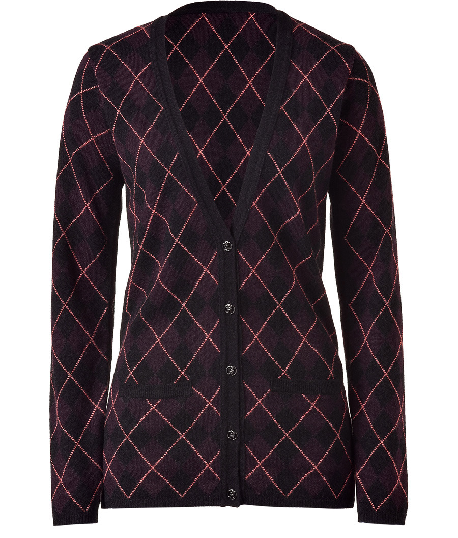 Black/Dark Iris Long Cashmere Cardigan - neckline: low v-neck; length: below the bottom; hip detail: front pockets at hip; pattern: argyll; predominant colour: black; occasions: casual, work; style: standard; trends: masculine tailoring, knitwear, prints; fibres: wool - 100%; fit: slim fit; sleeve length: long sleeve; sleeve style: standard; pattern type: knitted - other; pattern size: standard