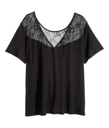 + Lace Top - neckline: v-neck; pattern: plain; predominant colour: black; occasions: casual, work, creative work; length: standard; style: top; fibres: viscose/rayon - 100%; fit: loose; sleeve length: short sleeve; sleeve style: standard; texture group: jersey - stretchy/drapey; embellishment: lace; season: a/w 2014; shoulder detail: sheer at shoulder