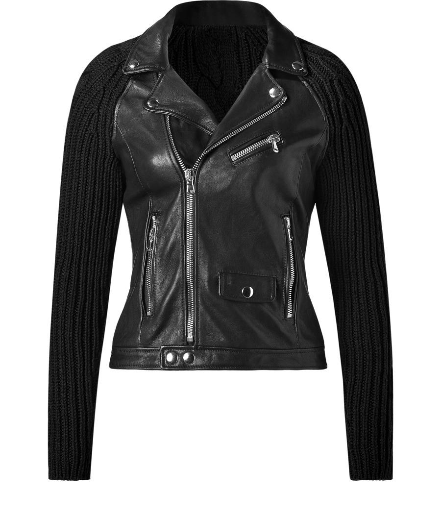 Black Leather/Wool Combo Jacket - sleeve: long sleeve; pattern: plain, cable knit; style: biker; collar: asymmetric biker; fit: tight; hip detail: front pockets at hip; bust detail: pocket detail at bust, buttons at bust (in middle at breastbone)/zip detail at bust; predominant colour: black; occasions: casual wear; length: standard; material: wool mix