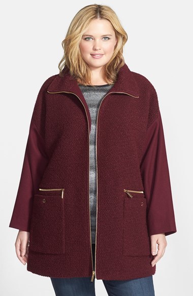Zip Front Bouclé Wool Blend Coat (Plus Size) - pattern: plain; length: below the bottom; collar: funnel; style: single breasted; predominant colour: burgundy; occasions: casual, creative work; fit: straight cut (boxy); fibres: wool - mix; hip detail: subtle/flattering hip detail; sleeve length: long sleeve; sleeve style: standard; collar break: high; pattern type: fabric; texture group: woven bulky/heavy; trends: zesty shades; season: a/w 2014
