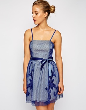 Mesh Applique Prom Dress Blue - length: mid thigh; sleeve style: spaghetti straps; pattern: plain; predominant colour: royal blue; occasions: evening, occasion; fit: fitted at waist & bust; style: fit & flare; fibres: polyester/polyamide - 100%; sleeve length: sleeveless; neckline: low square neck; texture group: net/tulle; embellishment: applique; trends: artesanal details; season: a/w 2014