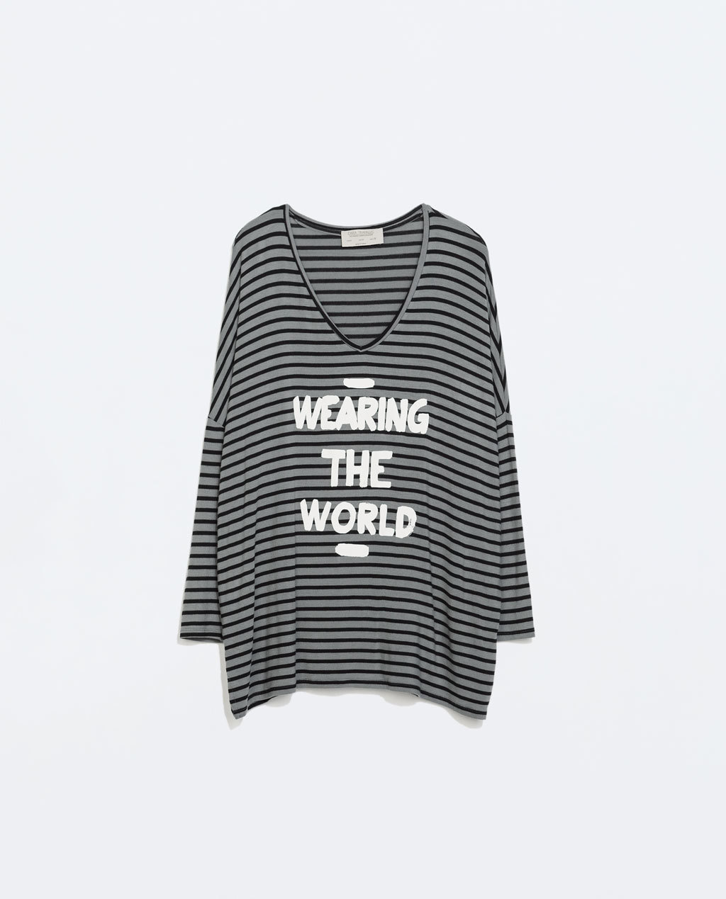 Printed Striped T Shirt - neckline: v-neck; sleeve style: dolman/batwing; pattern: horizontal stripes; length: below the bottom; style: t-shirt; predominant colour: mid grey; secondary colour: black; occasions: casual; fibres: cotton - stretch; fit: loose; sleeve length: long sleeve; pattern type: fabric; pattern size: standard; texture group: jersey - stretchy/drapey; season: a/w 2014