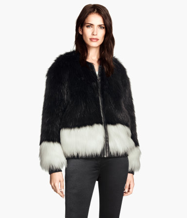Fake Fur Jacket - length: standard; collar: round collar/collarless; secondary colour: white; predominant colour: black; occasions: casual, evening, creative work; fit: straight cut (boxy); fibres: acrylic - mix; style: fur coat; sleeve length: long sleeve; sleeve style: standard; texture group: fur; collar break: high; pattern type: fabric; pattern: colourblock; embellishment: fur; season: a/w 2014; pattern size: big & busy (top); wardrobe: highlight; embellishment location: all over