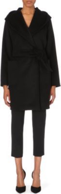 Rialto Hooded Camel Coat, Women's, Black - pattern: plain; collar: wide lapels; style: wrap around; length: mid thigh; predominant colour: black; occasions: casual, evening, work, creative work; fit: tailored/fitted; fibres: cotton - 100%; waist detail: belted waist/tie at waist/drawstring; sleeve length: long sleeve; sleeve style: standard; collar break: medium; texture group: woven bulky/heavy; season: a/w 2014