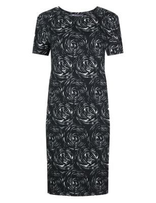 Floral Jacquard Shift Dress - style: shift; length: mid thigh; secondary colour: ivory/cream; predominant colour: black; occasions: casual, creative work; fit: straight cut; fibres: polyester/polyamide - stretch; neckline: crew; sleeve length: short sleeve; sleeve style: standard; pattern type: fabric; pattern size: big & busy; pattern: florals; texture group: woven light midweight; season: a/w 2014