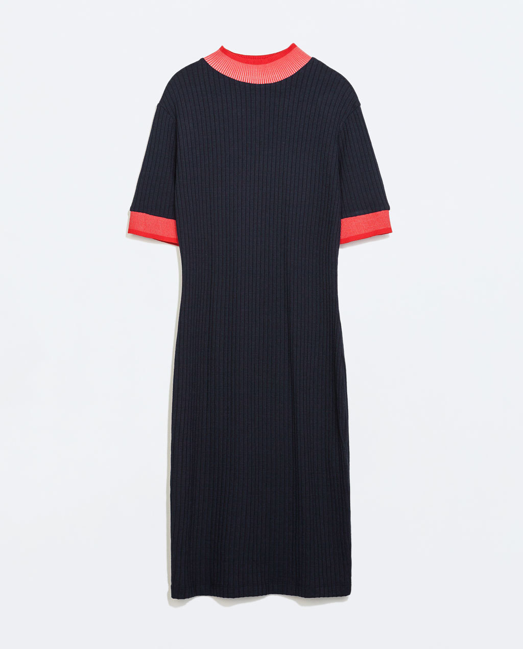 Ribbed Dress - style: shift; length: below the knee; fit: tight; pattern: plain; predominant colour: navy; secondary colour: bright orange; occasions: casual, creative work; neckline: crew; sleeve length: half sleeve; sleeve style: standard; texture group: knits/crochet; pattern type: knitted - fine stitch; season: a/w 2014
