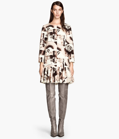 Patterned Dress - style: shift; length: mid thigh; neckline: round neck; predominant colour: ivory/cream; secondary colour: chocolate brown; occasions: casual, creative work; fit: straight cut; fibres: polyester/polyamide - stretch; sleeve length: long sleeve; sleeve style: standard; pattern type: fabric; pattern size: standard; pattern: patterned/print; texture group: other - light to midweight; season: a/w 2014
