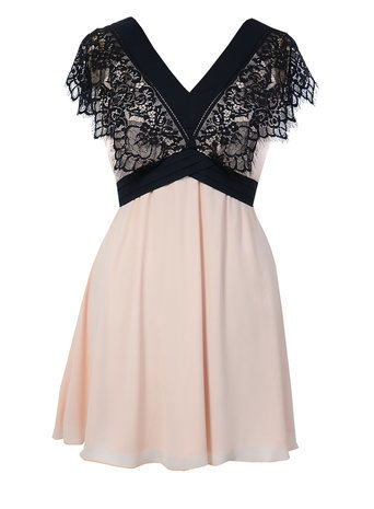 Womens **Elise Ryan Eyelash Lace Panel Dress White - style: empire line; length: mid thigh; neckline: low v-neck; pattern: plain; predominant colour: nude; secondary colour: black; occasions: evening, occasion; fit: fitted at waist & bust; bust detail: contrast pattern/fabric/detail at bust; sleeve length: short sleeve; sleeve style: standard; texture group: sheer fabrics/chiffon/organza etc.; pattern type: fabric; embellishment: lace; trends: artesanal details; season: a/w 2014