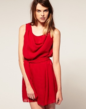 Vanessa Bruno Athe Sleeveless Dress With Belt - style: tunic; length: mid thigh; neckline: cowl/draped neck; fit: loose; pattern: plain; sleeve style: sleeveless; waist detail: elasticated waist, fitted waist, belted waist/tie at waist/drawstring; bust detail: ruching/gathering/draping/layers/pintuck pleats at bust; predominant colour: true red; occasions: casual, evening, occasion; fibres: silk - 100%; material texture: chiffon; hip detail: soft pleats at hip/draping at hip/flared at hip; trends: brights; sleeve length: sleeveless; texture group: sheer fabrics/chiffon/organza etc.; pattern type: fabric; pattern size: standard