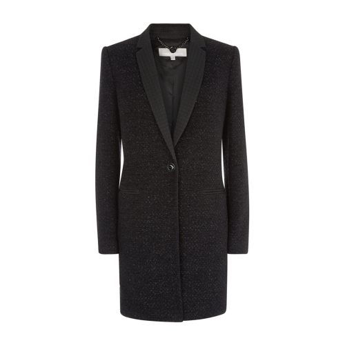 Monica Coat - style: single breasted; collar: standard lapel/rever collar; pattern: herringbone/tweed; length: mid thigh; predominant colour: black; occasions: work, creative work; fit: tailored/fitted; fibres: wool - mix; sleeve length: long sleeve; sleeve style: standard; collar break: low/open; pattern type: fabric; texture group: woven bulky/heavy; trends: outerwear chic; season: a/w 2014