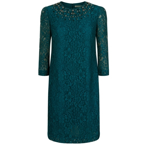 Rhian Dress - style: shift; predominant colour: dark green; occasions: evening, occasion; length: just above the knee; fit: straight cut; neckline: crew; sleeve length: 3/4 length; sleeve style: standard; texture group: lace; pattern type: fabric; pattern: patterned/print; embellishment: jewels/stone; trends: zesty shades; season: a/w 2014