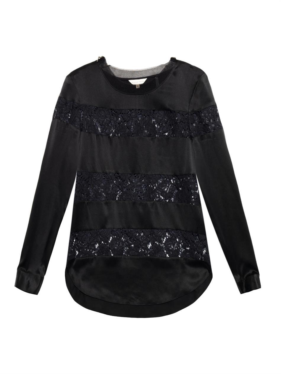 Lace And Silk Striped Top - pattern: plain; length: below the bottom; predominant colour: black; occasions: evening, occasion; style: top; fibres: silk - mix; fit: body skimming; neckline: crew; sleeve length: long sleeve; sleeve style: standard; texture group: structured shiny - satin/tafetta/silk etc.; pattern type: fabric; embellishment: lace; trends: artesanal details; season: a/w 2014