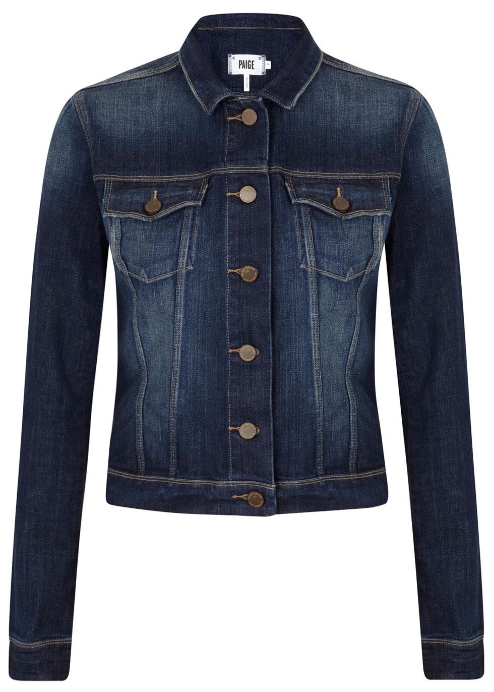 Dark Blue Denim Jacket - pattern: plain; style: denim; fit: slim fit; predominant colour: navy; occasions: casual, creative work; length: standard; fibres: cotton - stretch; collar: shirt collar/peter pan/zip with opening; sleeve length: long sleeve; sleeve style: standard; texture group: denim; collar break: high/illusion of break when open; pattern type: fabric; season: a/w 2014