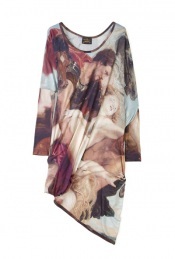 Twister Elephant Ruben Print Dress Vivienne Westwood Angl - neckline: round neck; sleeve: long sleeve; fit: loose; pattern: heavily patterned, print, picture design; hip detail: ruching at hip, asymmetric hem falling at hip level; waist detail: twist front waist detail/nipped in at waist on one side/soft pleats/draping/ruching/gathering waist detail; predominant colour: diva blue; occasions: casual wear, evening wear, work wear; length: just above the knee; style: asymmetric (hem); trends: prints; material: stretch synthetic; material texture: jersey stretch