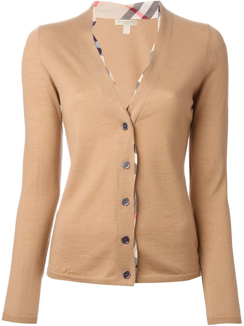 'haymarket Check' Detail Cardigan - neckline: low v-neck; pattern: plain; predominant colour: camel; occasions: casual, work, creative work; length: standard; style: standard; fibres: wool - 100%; fit: slim fit; sleeve length: 3/4 length; sleeve style: standard; texture group: knits/crochet; pattern size: light/subtle; season: a/w 2014
