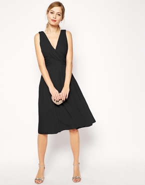 Midi Dress With Twist Wrap Black - style: faux wrap/wrap; length: below the knee; neckline: low v-neck; pattern: plain; sleeve style: sleeveless; predominant colour: black; occasions: evening, occasion; fit: fitted at waist & bust; fibres: polyester/polyamide - 100%; sleeve length: sleeveless; pattern type: fabric; texture group: other - light to midweight; season: a/w 2014