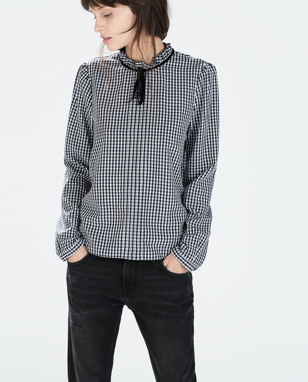 Gingham Blouse - neckline: high neck; pattern: checked/gingham; style: blouse; predominant colour: black; occasions: casual, creative work; length: standard; fit: loose; sleeve length: short sleeve; sleeve style: standard; texture group: cotton feel fabrics; pattern type: fabric; season: a/w 2014; pattern size: big & busy (top); wardrobe: highlight