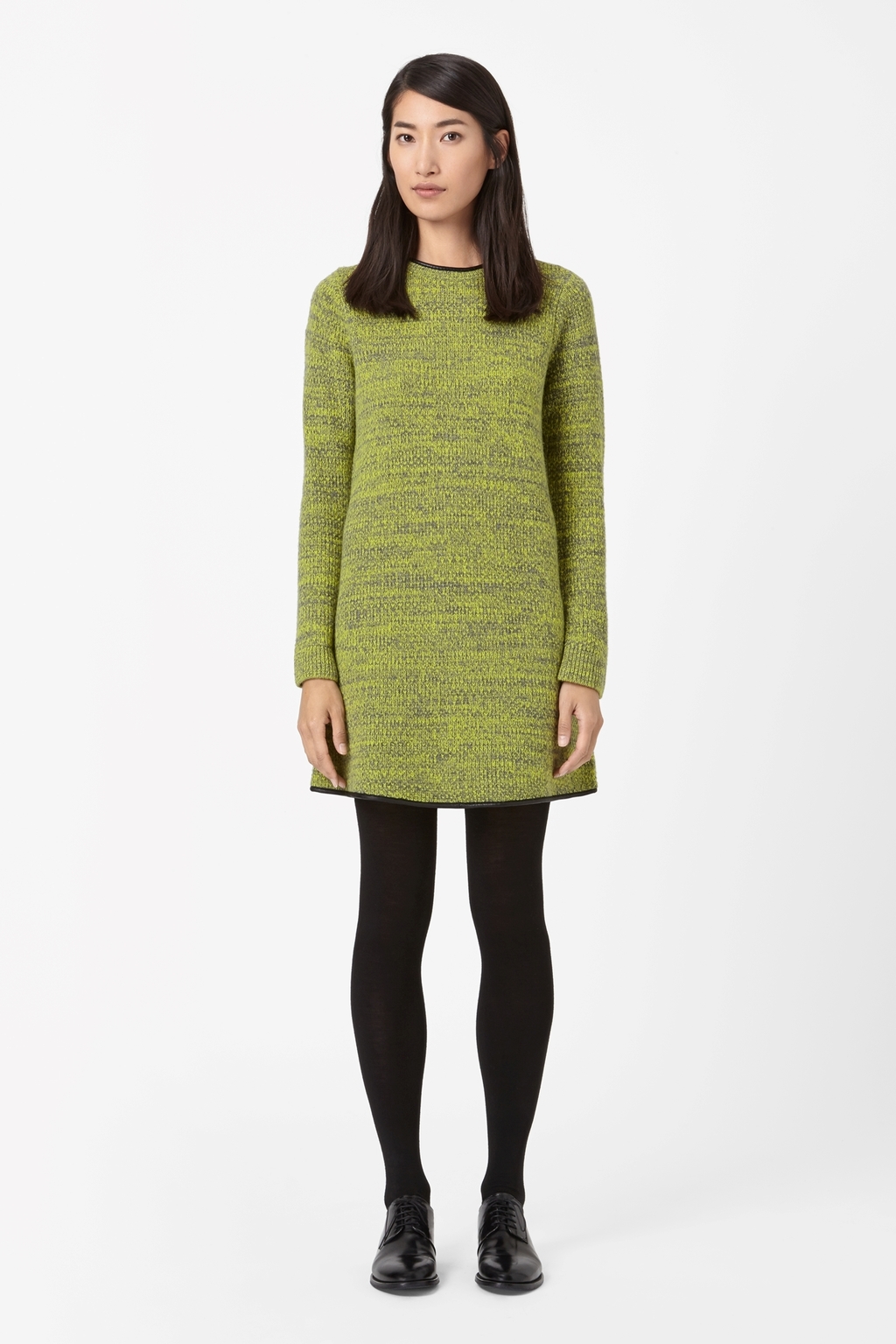 Leather Trim Knit Dress - style: jumper dress; length: mid thigh; pattern: plain; predominant colour: lime; secondary colour: black; occasions: casual, creative work; fit: body skimming; fibres: wool - 100%; neckline: crew; sleeve length: long sleeve; sleeve style: standard; texture group: knits/crochet; pattern type: knitted - other; season: a/w 2014; wardrobe: highlight