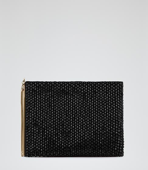 Cindy Beaded Clutch Bag - predominant colour: black; occasions: evening; type of pattern: standard; style: clutch; length: hand carry; size: standard; material: leather; embellishment: beading; pattern: plain; finish: plain; season: a/w 2014