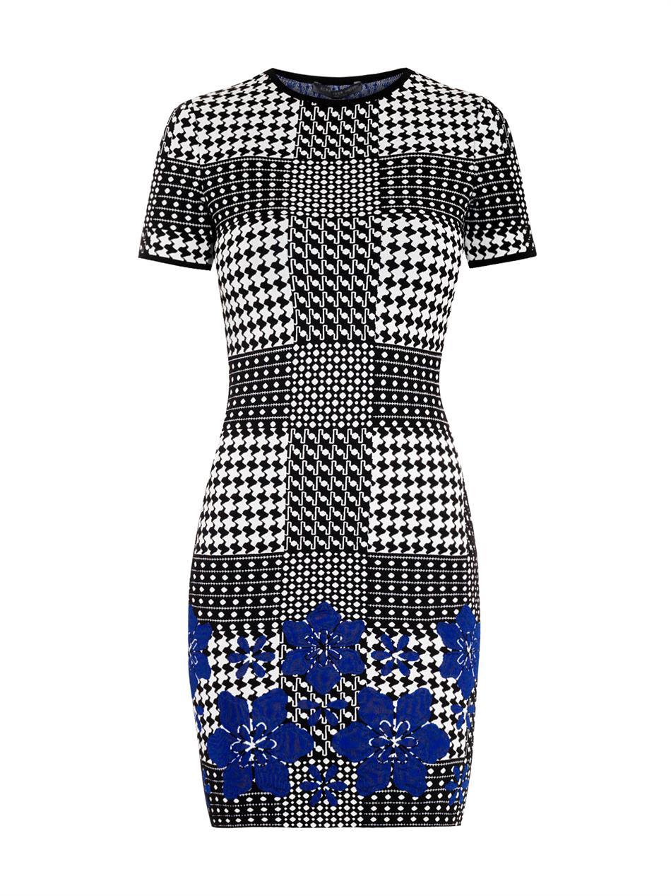 Prince Of Wales Flower Jacquard Dress - length: mid thigh; fit: tight; style: bodycon; secondary colour: white; predominant colour: black; occasions: evening; fibres: viscose/rayon - stretch; neckline: crew; sleeve length: short sleeve; sleeve style: standard; pattern type: fabric; pattern: patterned/print; texture group: brocade/jacquard; trends: optic prints; season: a/w 2014